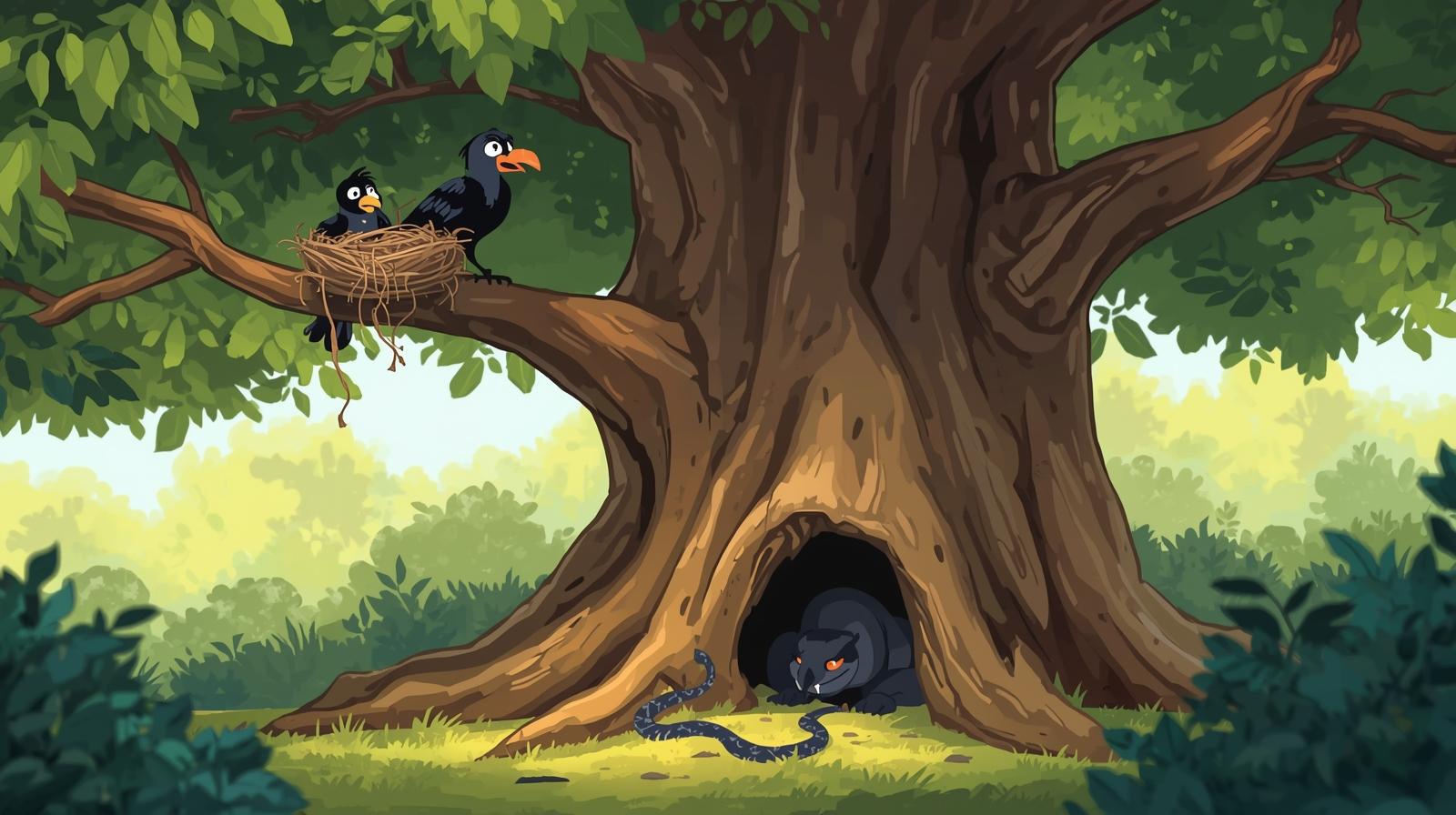 Crow and Snake illustration